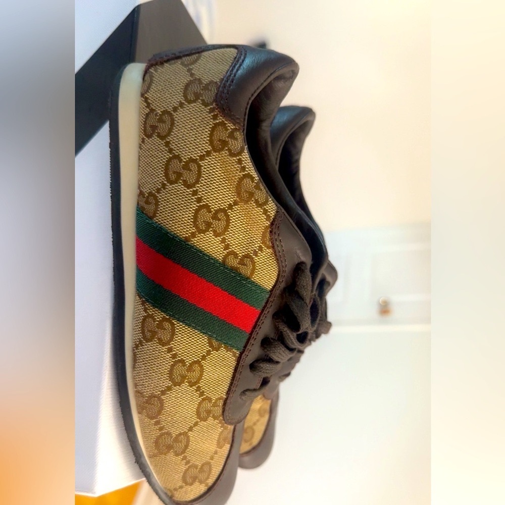 Gucci Brown and Green Sneakers with Iconic Web Stripe